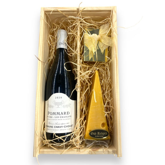 Wine gift with chocolate and cheese Pommard