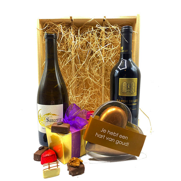 Wijn- en Chocoladegeschenk Wit-Rood Hart van Goud