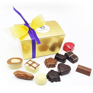 250 gram Belgische bonbons in gouden doosje met decoratie - Wijnbox.nl